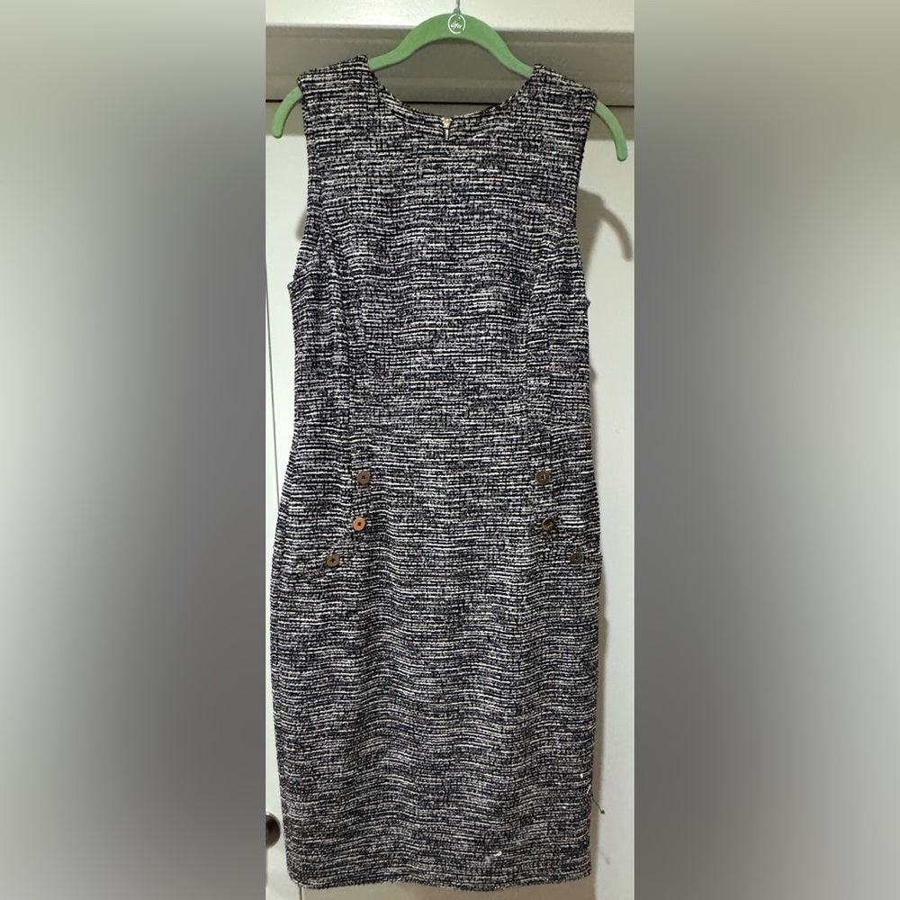 Calvin Klein Black & White Sleeveless Tweed Dress (Button Detail)